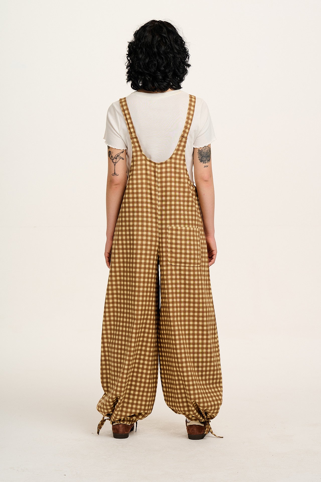 Ali - Wide Leg Cotton Dungarees Brown Birch Gingham Print