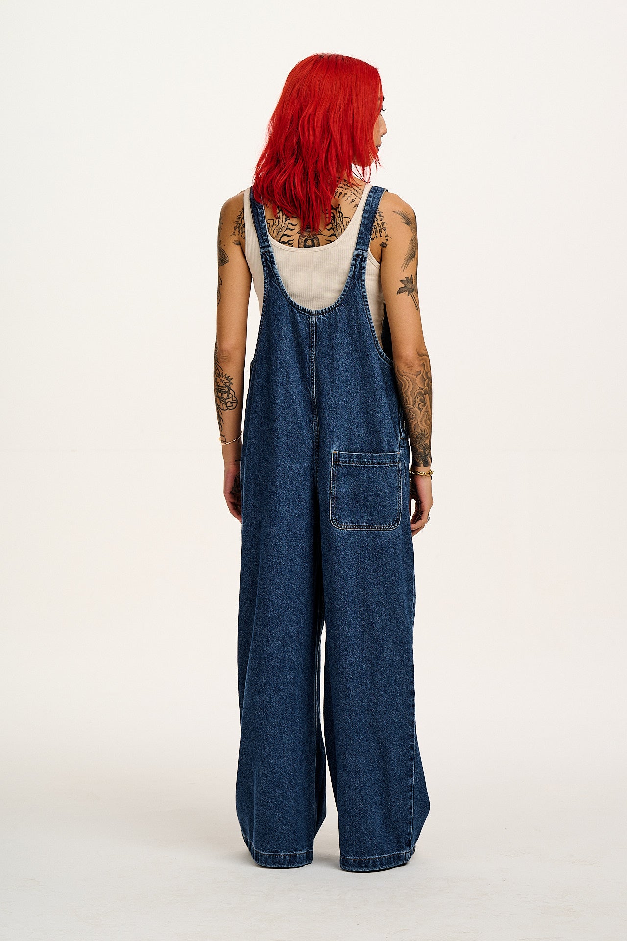 Ali - Wide Leg Denim Dungarees in Mid Wash Blue