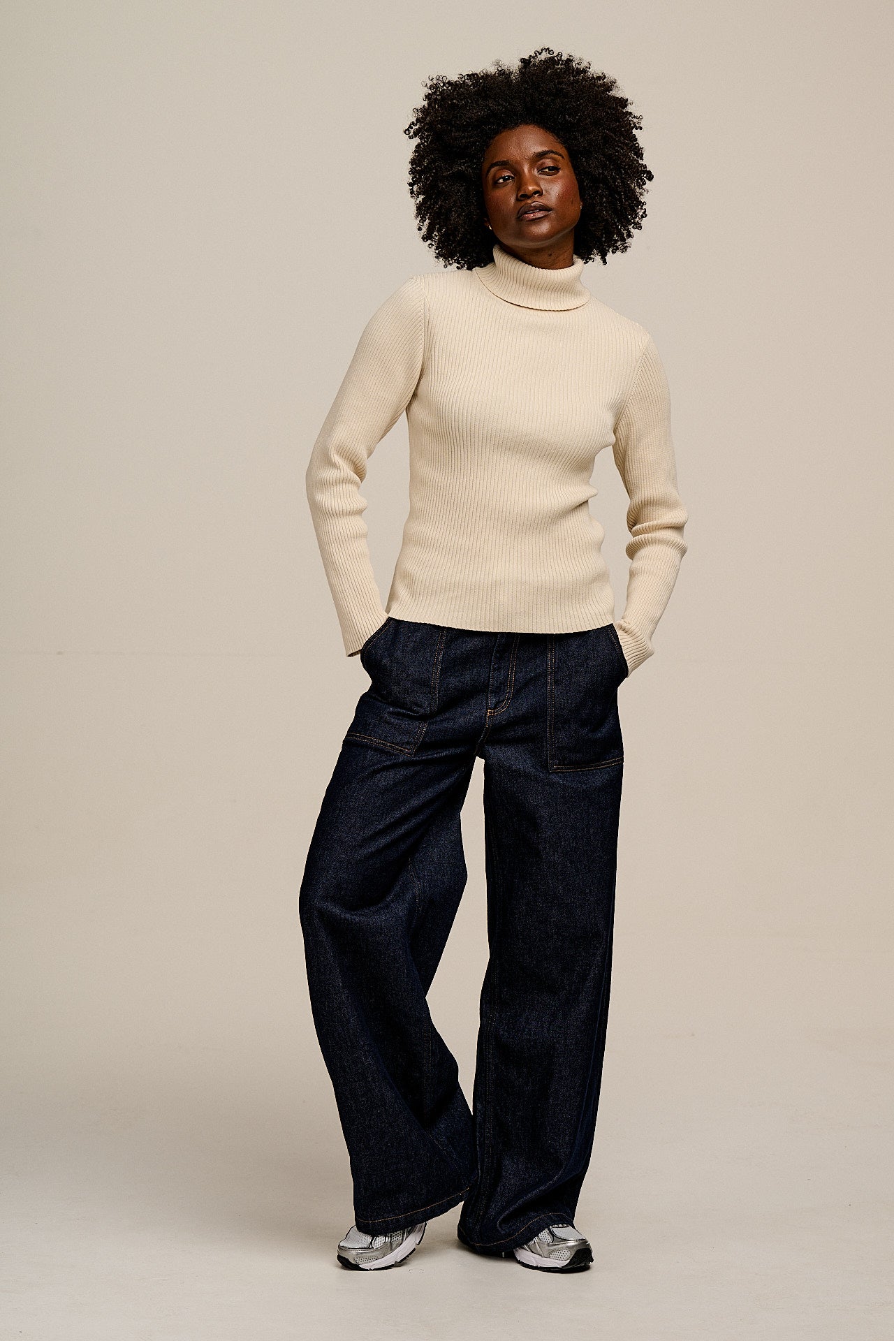 Eva -  Knitted Roll Neck Long Sleeve Top in Pearl