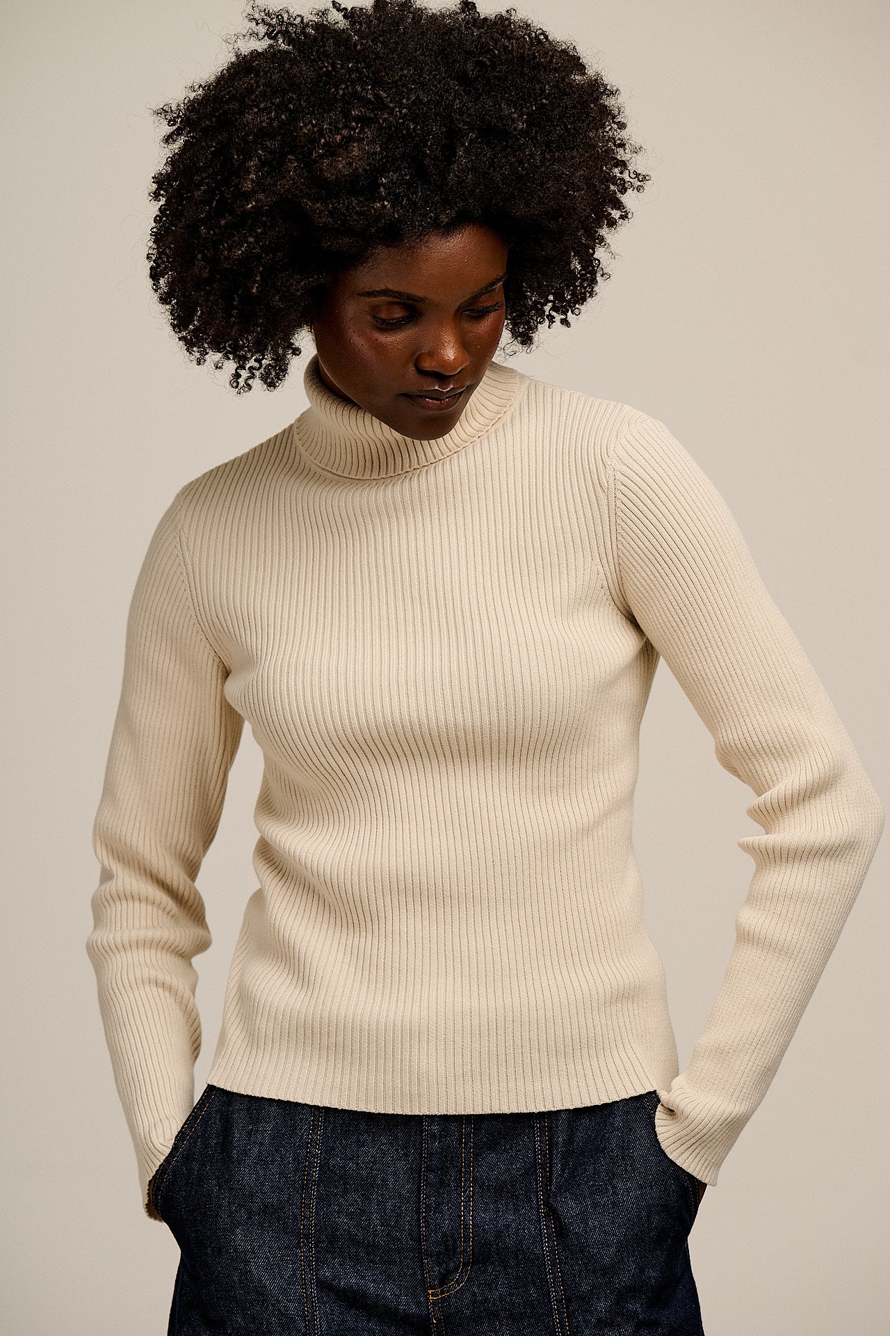 Eva -  Knitted Roll Neck Long Sleeve Top in Pearl