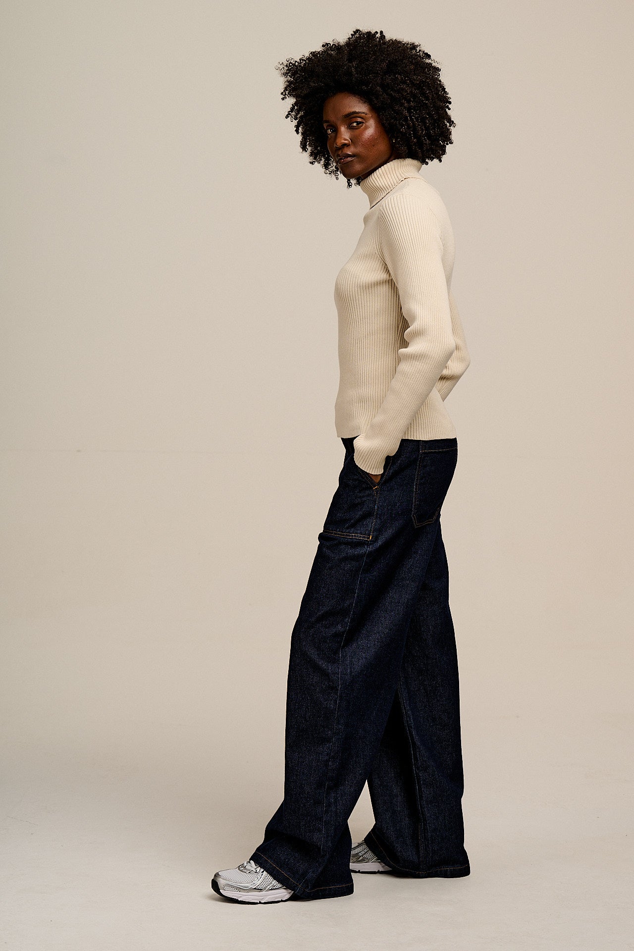 Eva -  Knitted Roll Neck Long Sleeve Top in Pearl