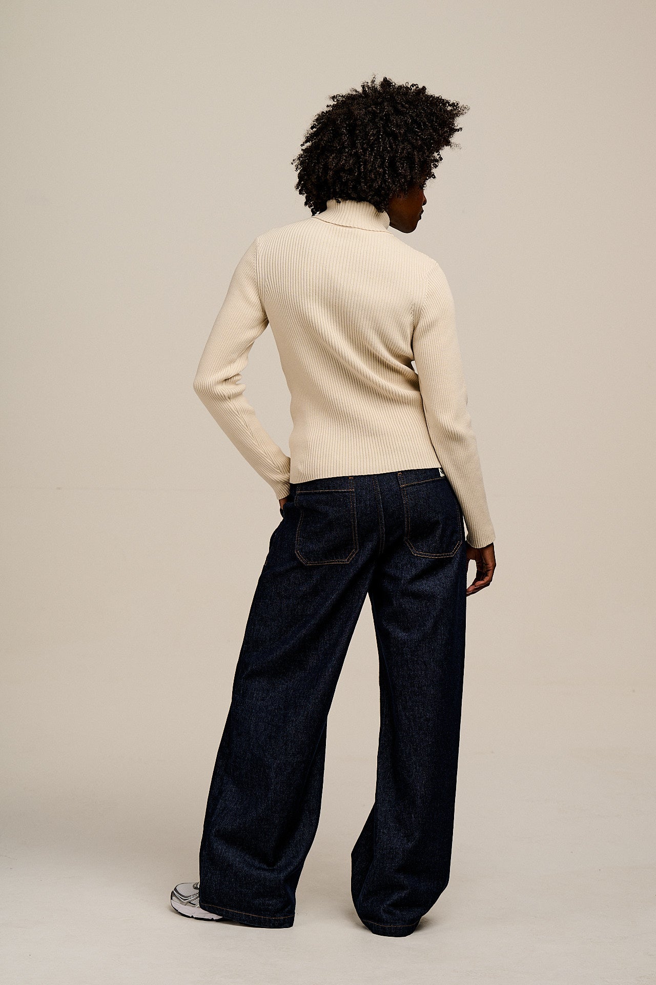Eva -  Knitted Roll Neck Long Sleeve Top in Pearl