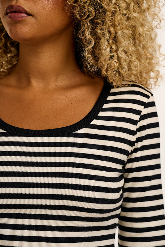 Remy - Ribbed Cotton Scoop Neck Long Sleeve T-Shirt in Black & White Stripe