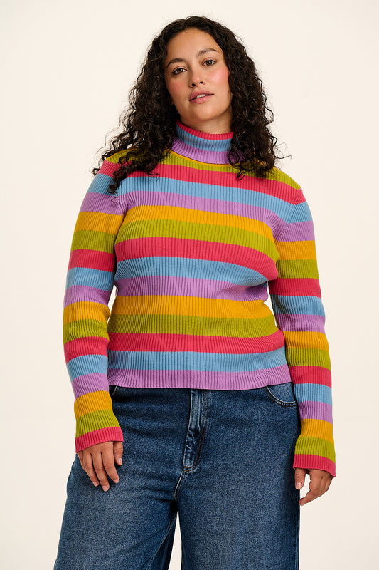 Eva -  Knitted Roll Neck Long Sleeve Top in Rainbow Stripe