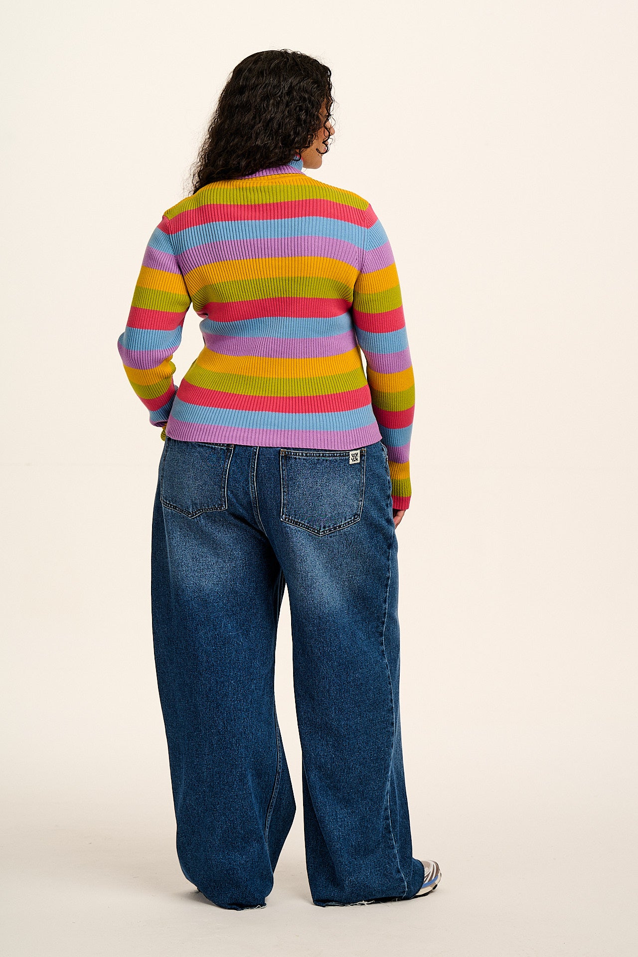 Eva -  Knitted Roll Neck Long Sleeve Top in Rainbow Stripe