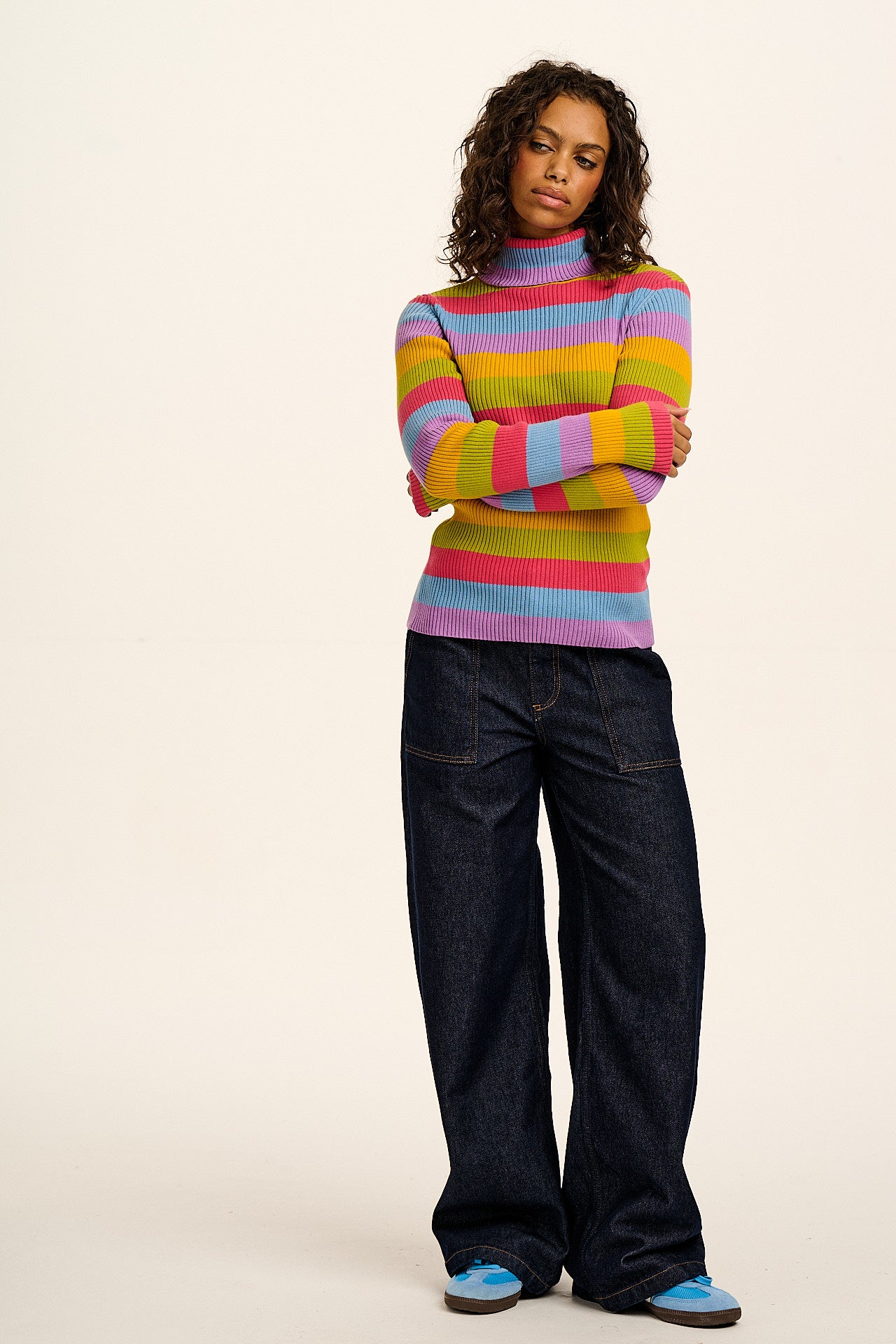 Eva -  Knitted Roll Neck Long Sleeve Top in Rainbow Stripe