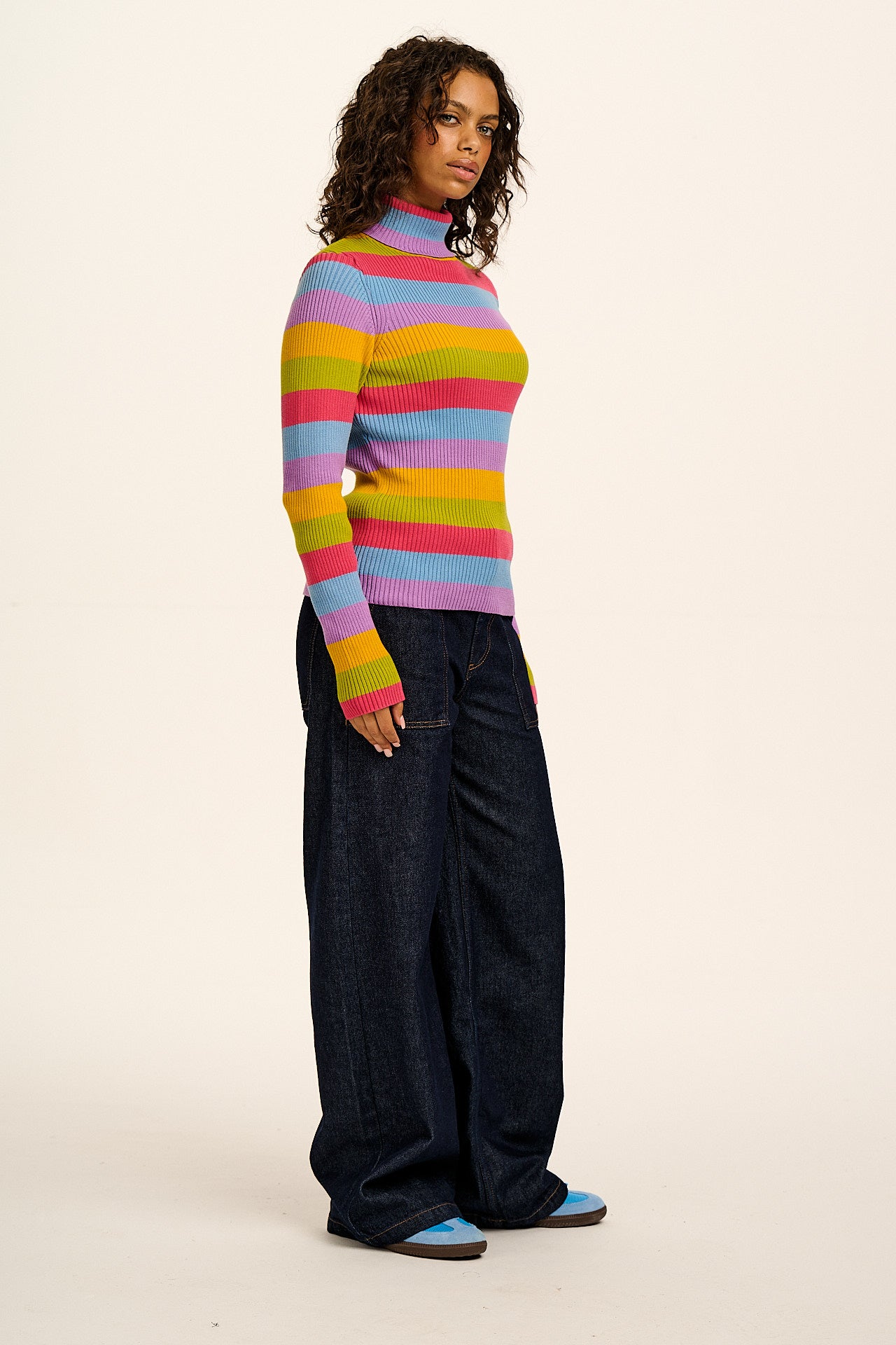 Eva -  Knitted Roll Neck Long Sleeve Top in Rainbow Stripe