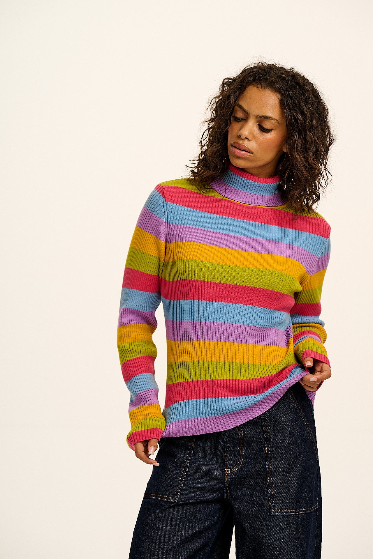 Eva -  Knitted Roll Neck Long Sleeve Top in Rainbow Stripe
