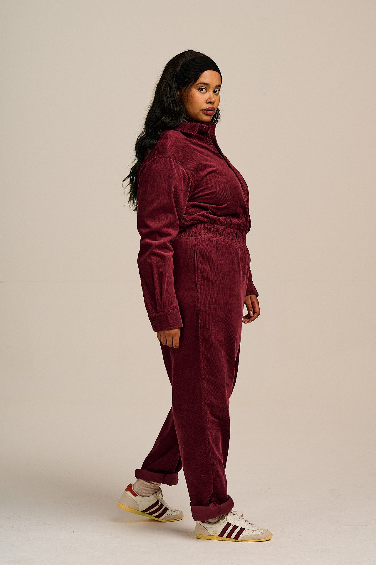 Eddie - Long Sleeve Corduroy Jumpsuit in Wine Red