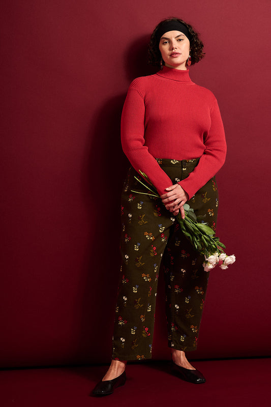 Drew -  Cropped Straight Leg Cotton Trousers in Winter Blooms