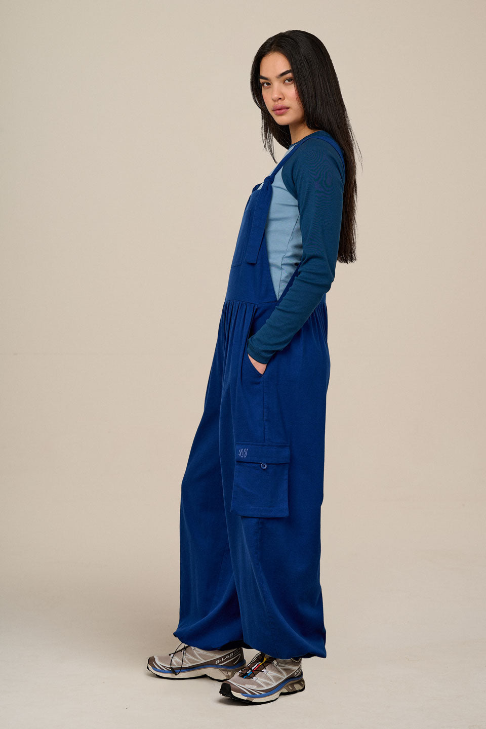 Miyada - Brushed Cotton Balloon Leg Dungarees in Navy