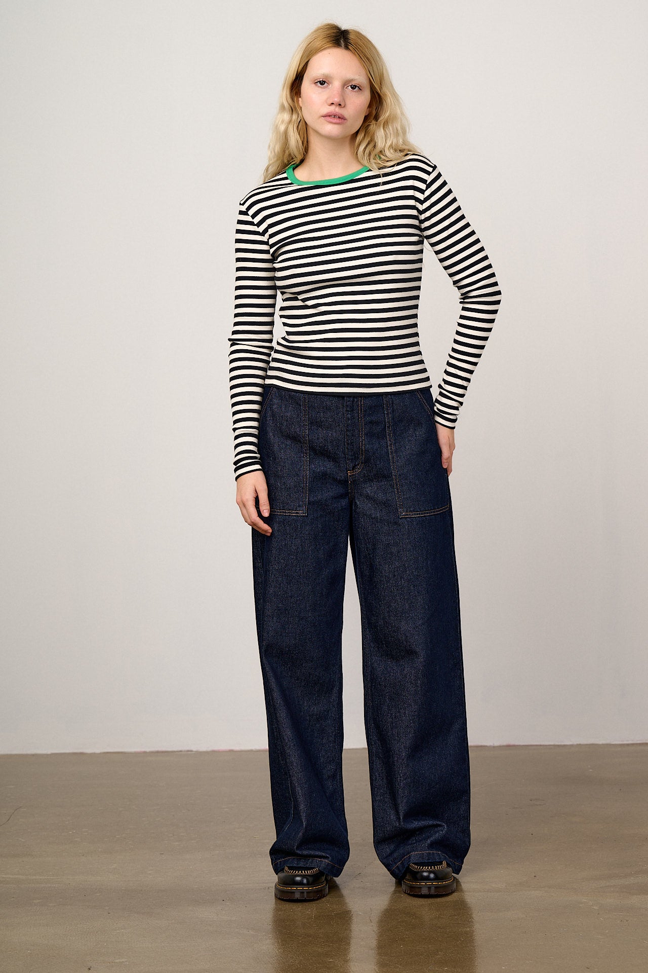 Grayson - Long Sleeve Cotton Jersey Top in Black & White Stripe