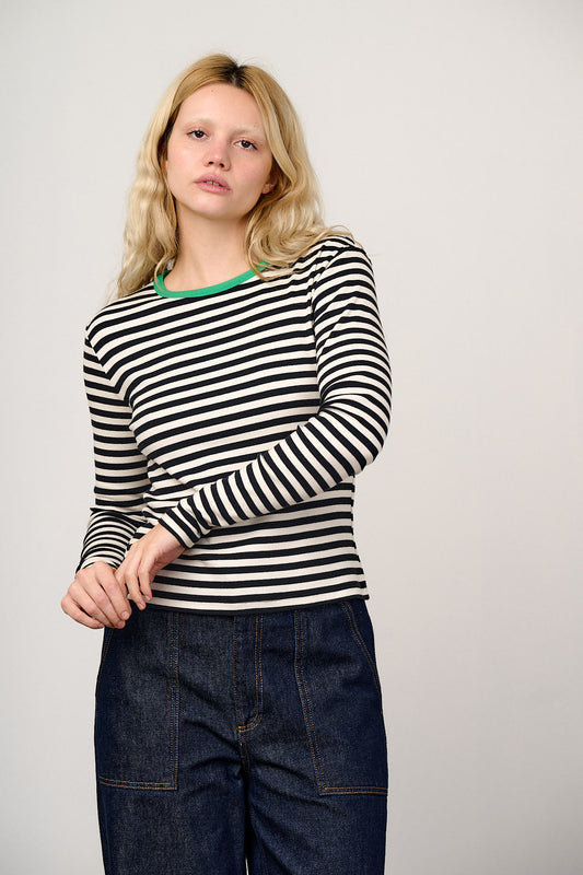 Grayson - Long Sleeve Cotton Jersey Top in Black & White Stripe