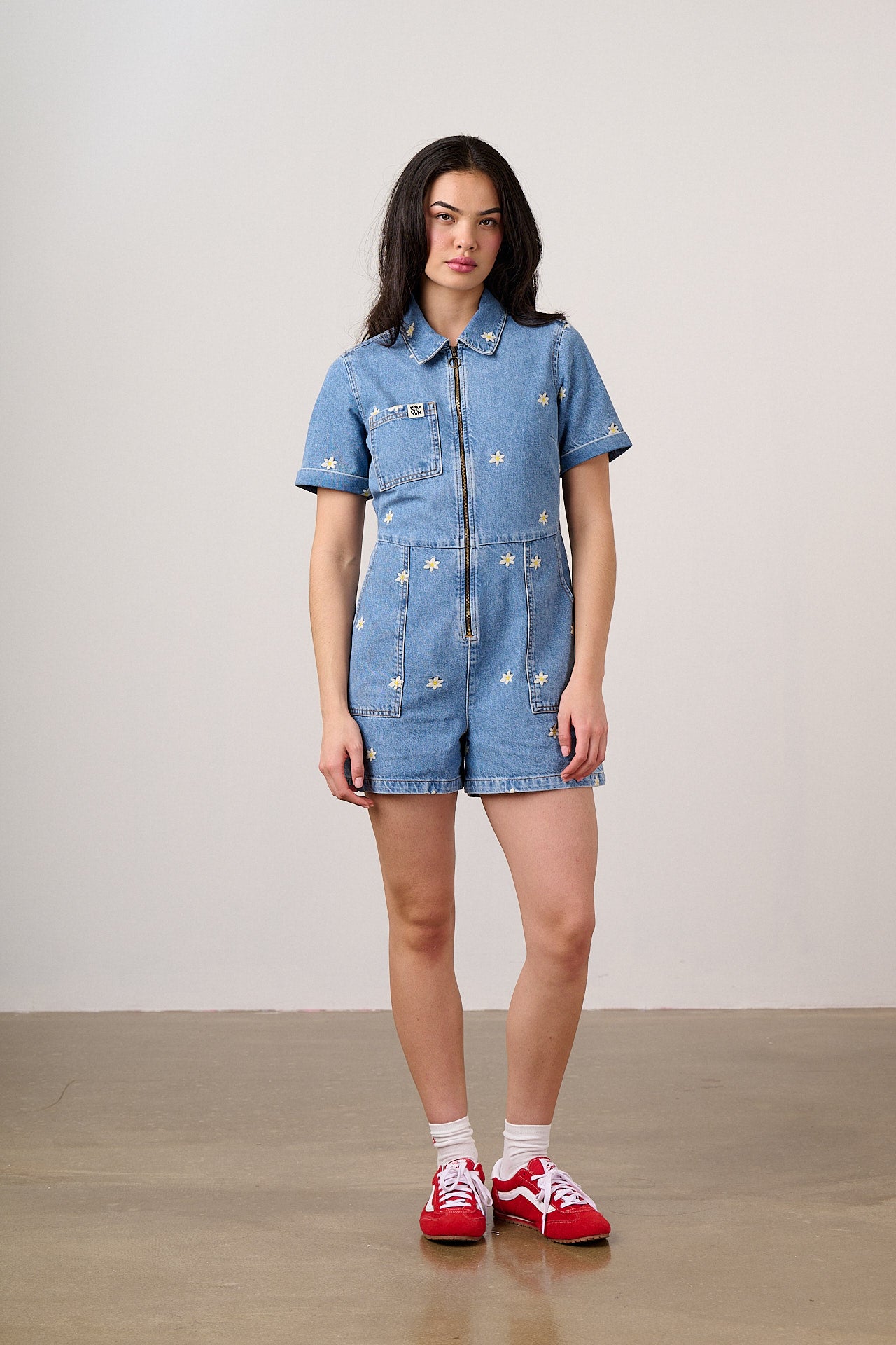 Riley - Denim Playsuit in Light Wash with Daisy Embroidery