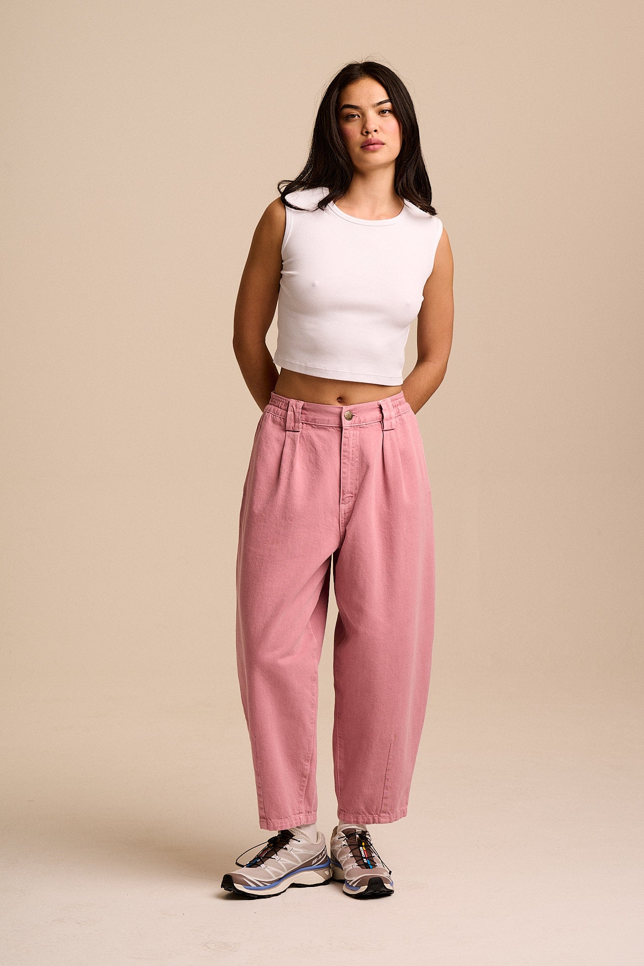 Ashby - Denim Barrel Leg Trousers in Washed Pink