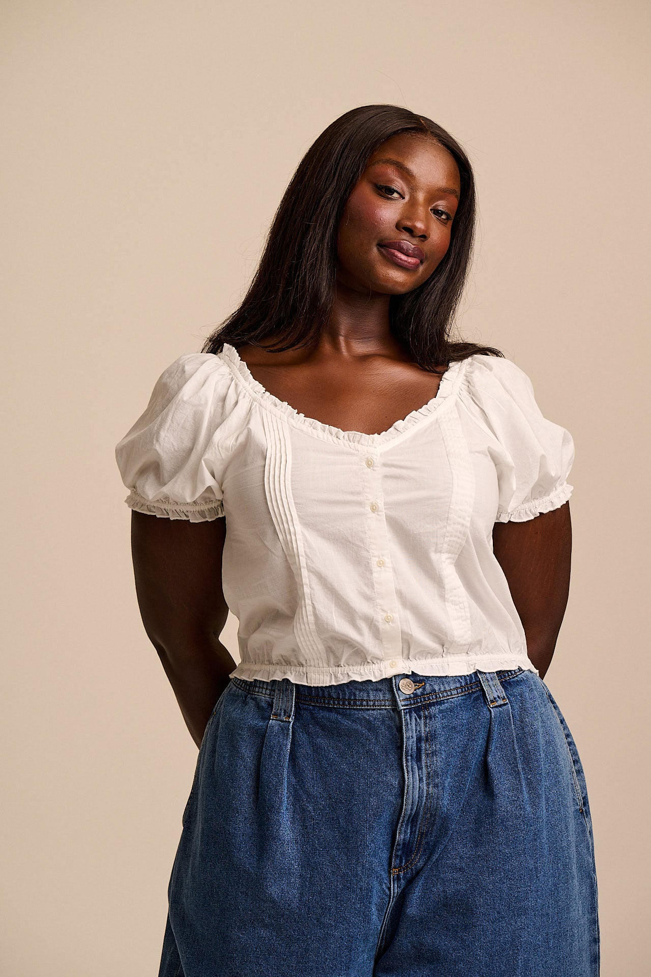 Sage - Cotton Puff Sleeve Blouse in White