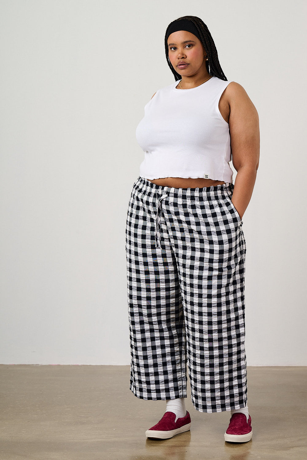 Chuck - Wide Leg Cotton Trousers in Black & White Gingham