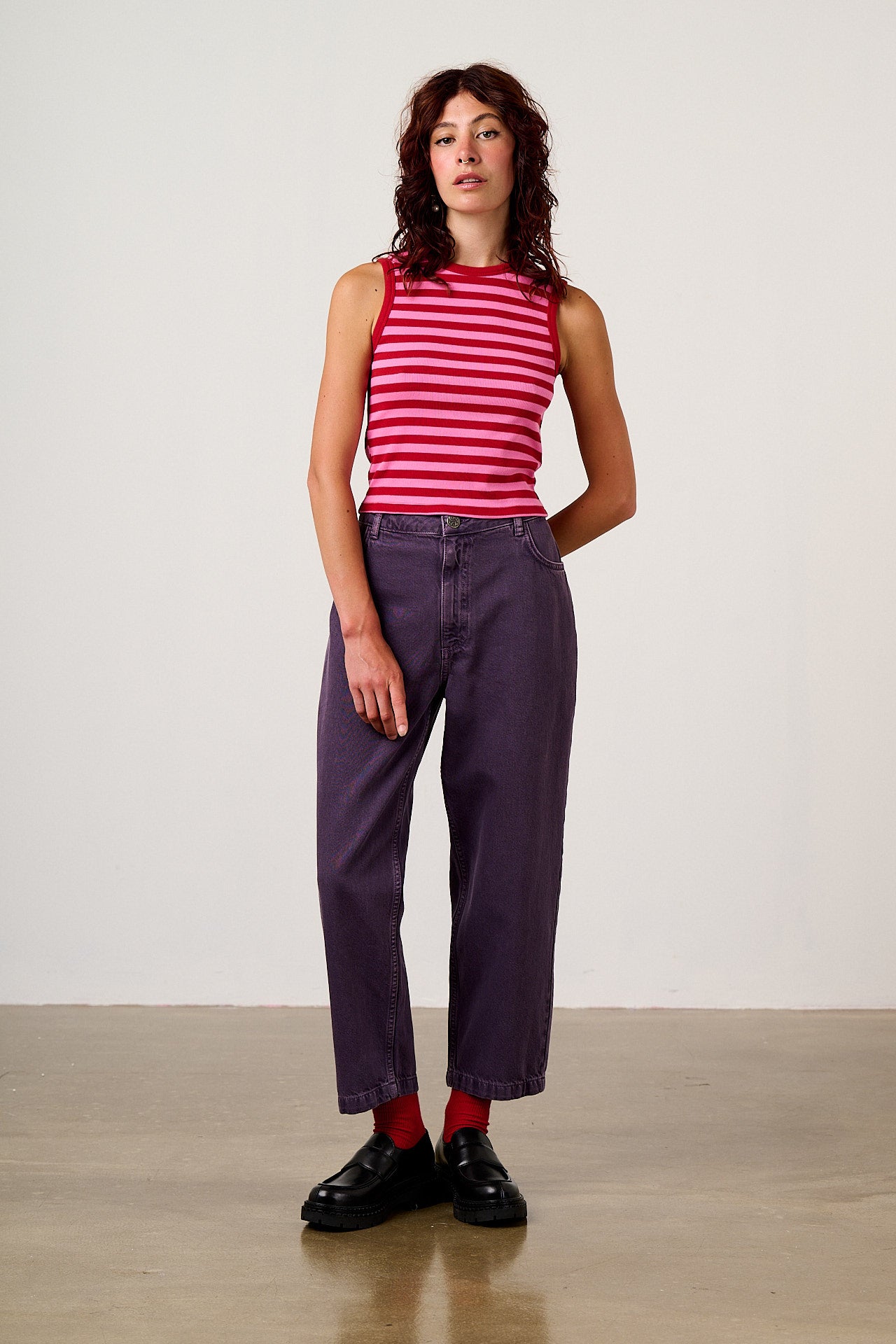 Rue - Cotton Rib Tank Top in Pink & Red Stripe