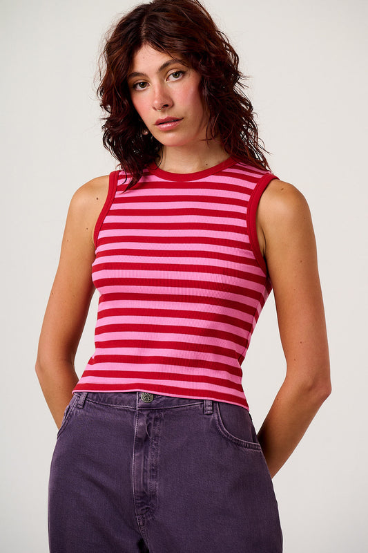 Rue - Cotton Rib Tank Top in Pink & Red Stripe