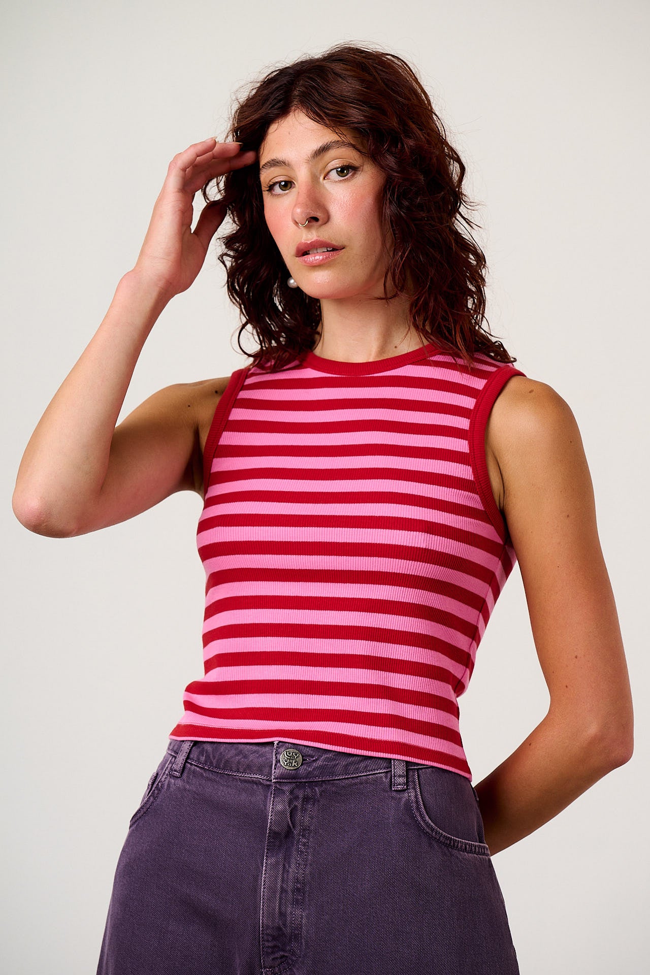 Rue - Cotton Rib Tank Top in Pink & Red Stripe