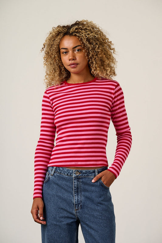 Grayson - Long Sleeve Cotton T-Shirt in Pink & Red Stripe