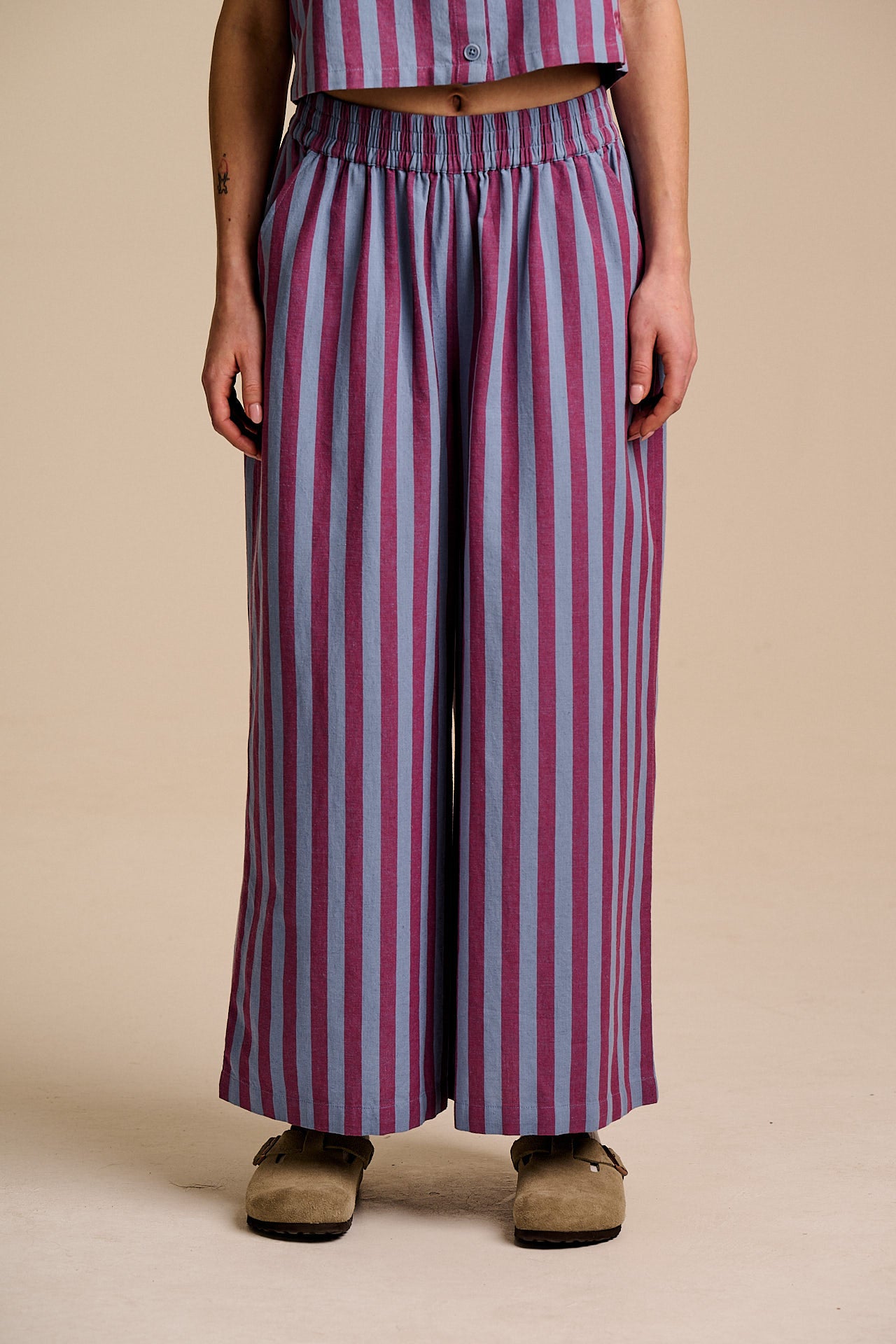 Maddie - Cotton & Linen Trousers in Burgundy & Blue Stripe