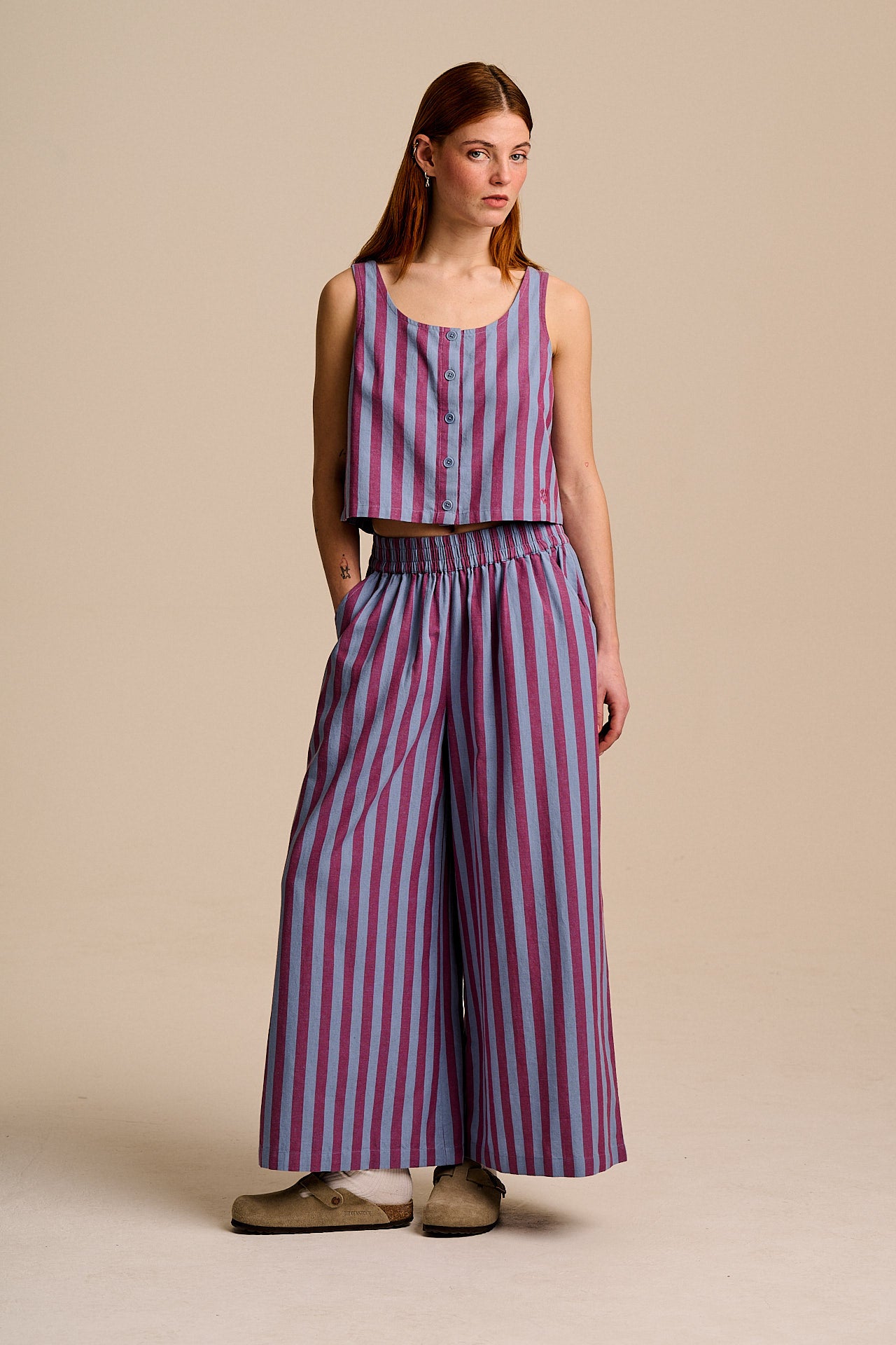 Maddie - Cotton & Linen Trousers in Burgundy & Blue Stripe