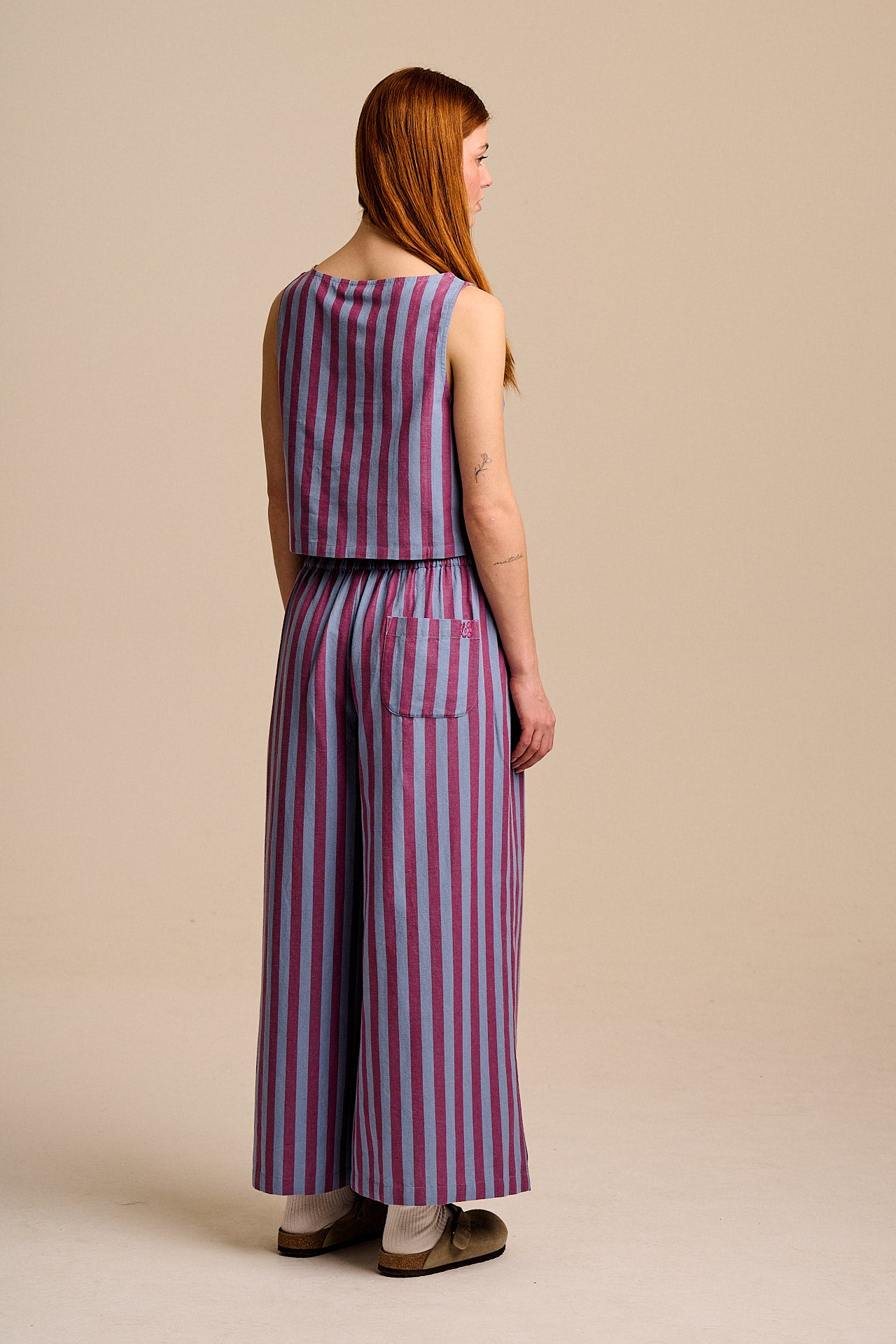 Maddie - Cotton & Linen Trousers in Burgundy & Blue Stripe