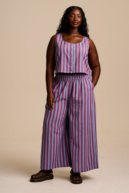 Maddie - Cotton & Linen Trousers in Burgundy & Blue Stripe