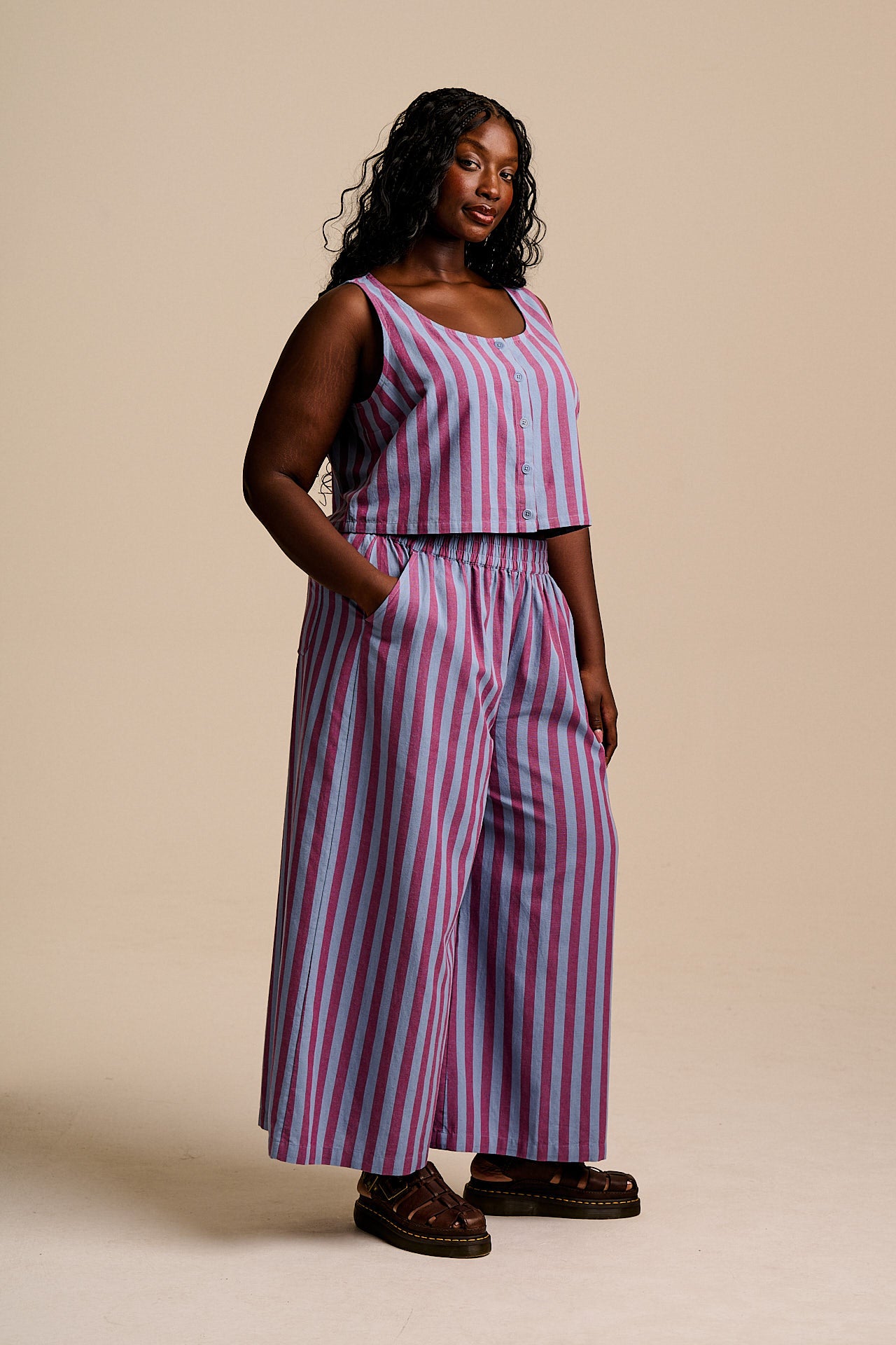 Maddie - Cotton & Linen Trousers in Burgundy & Blue Stripe