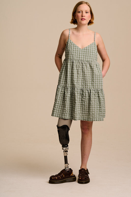Mae - Cotton Mini Dress in Green Gingham