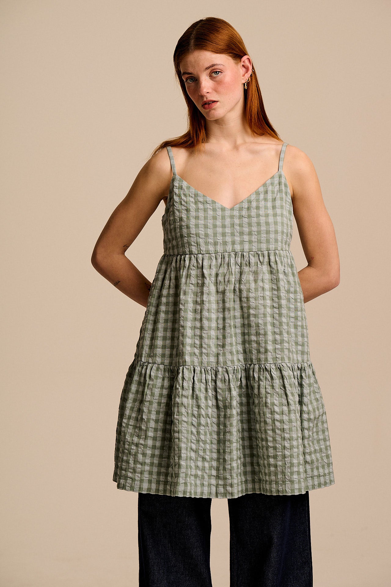 Mae - Cotton Mini Dress in Green Gingham