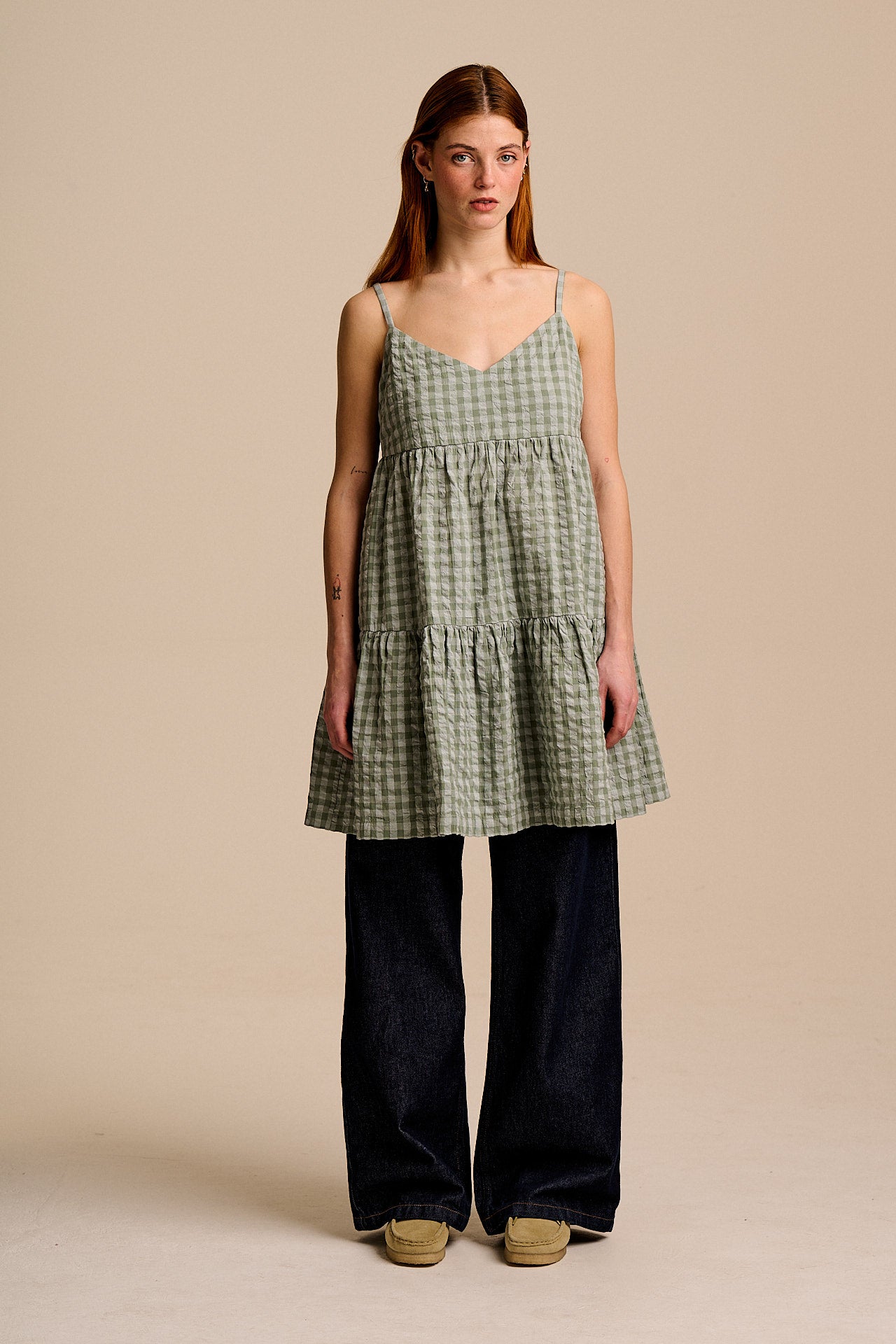 Mae - Cotton Mini Dress in Green Gingham