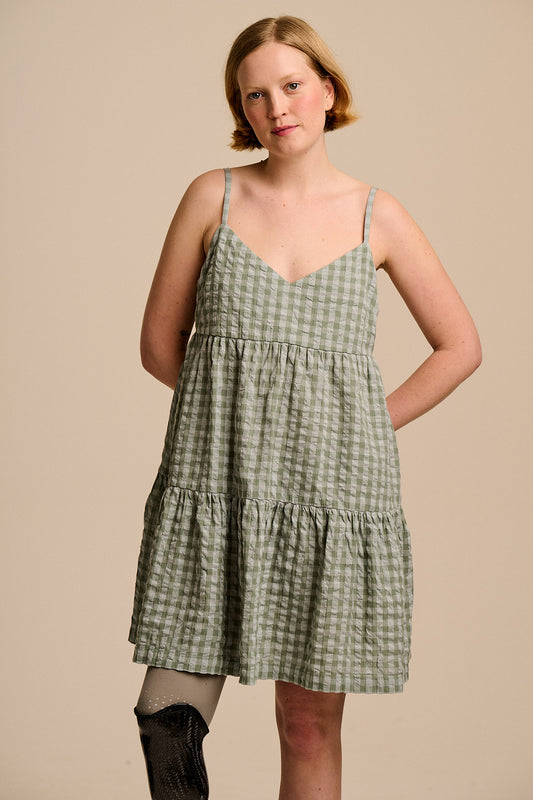 Mae - Cotton Mini Dress in Green Gingham