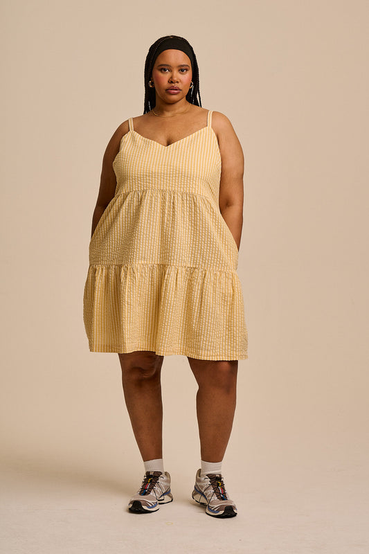 Mae - Cotton Mini Dress in Yellow Stripe