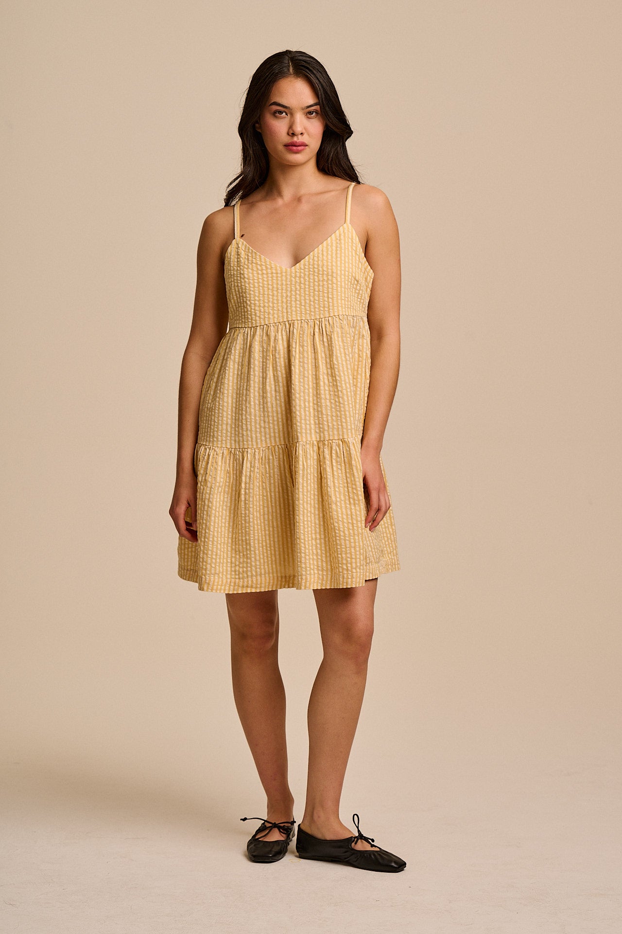Mae - Cotton Mini Dress in Yellow Stripe