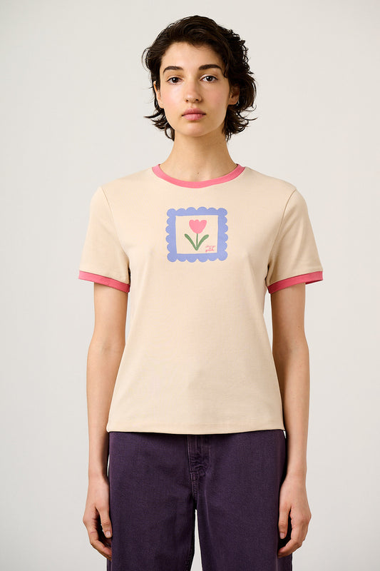 Maya - Cotton T-Shirt in Ecru with Tulip Print