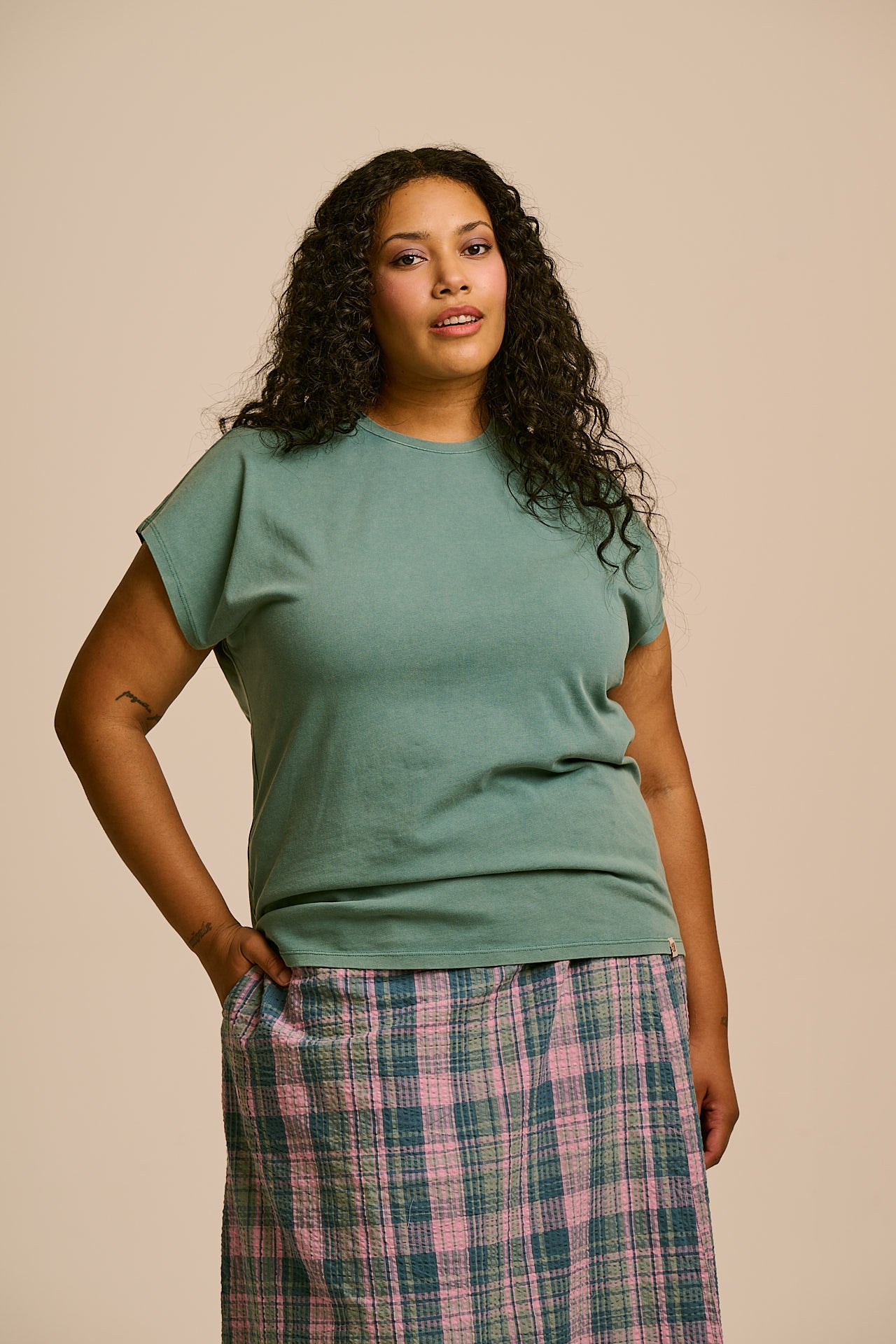 Inessa - Cotton Cap Sleeve T-Shirt in Washed Green