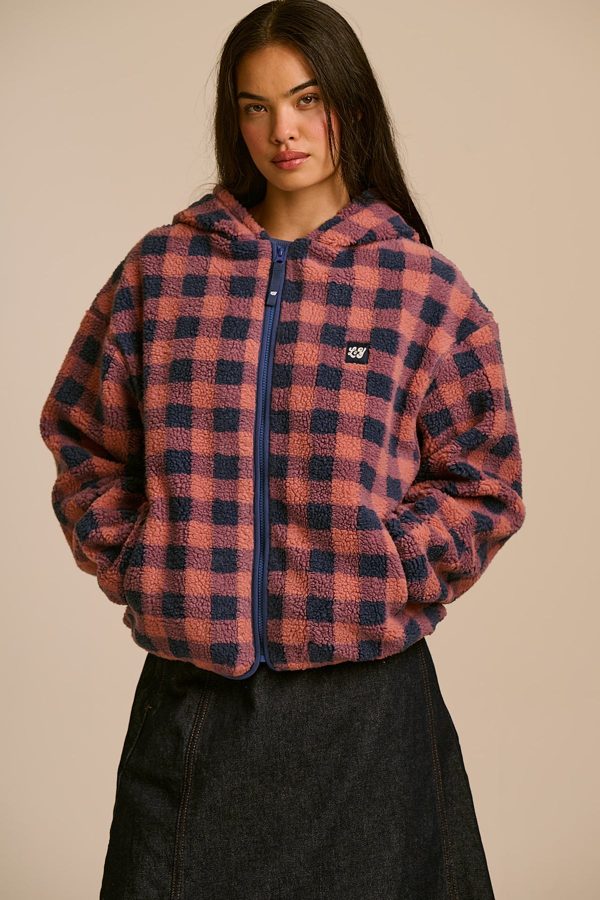 Misha - Fleece Jacket in Blue and Pink Check