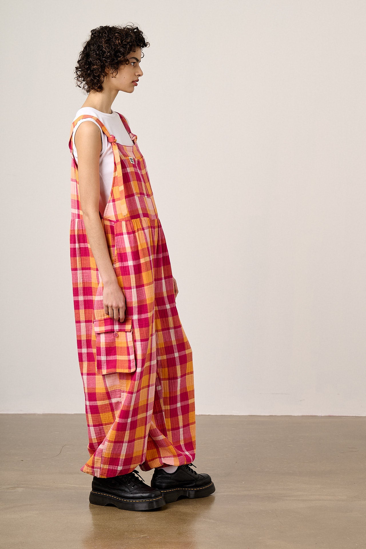 Miyada - Cotton Dungaree in Orange & Pink Check