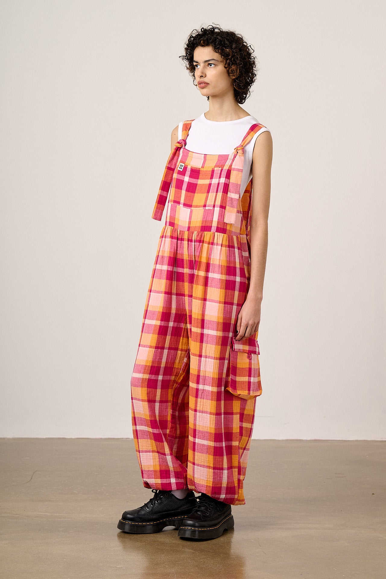 Miyada - Cotton Dungaree in Orange & Pink Check