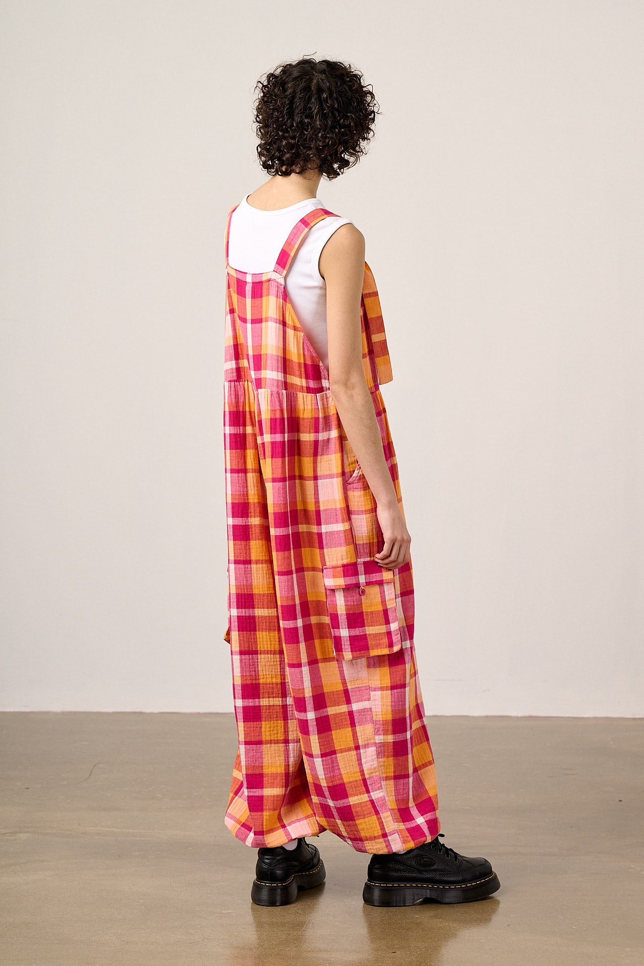 Miyada - Cotton Dungaree in Orange & Pink Check