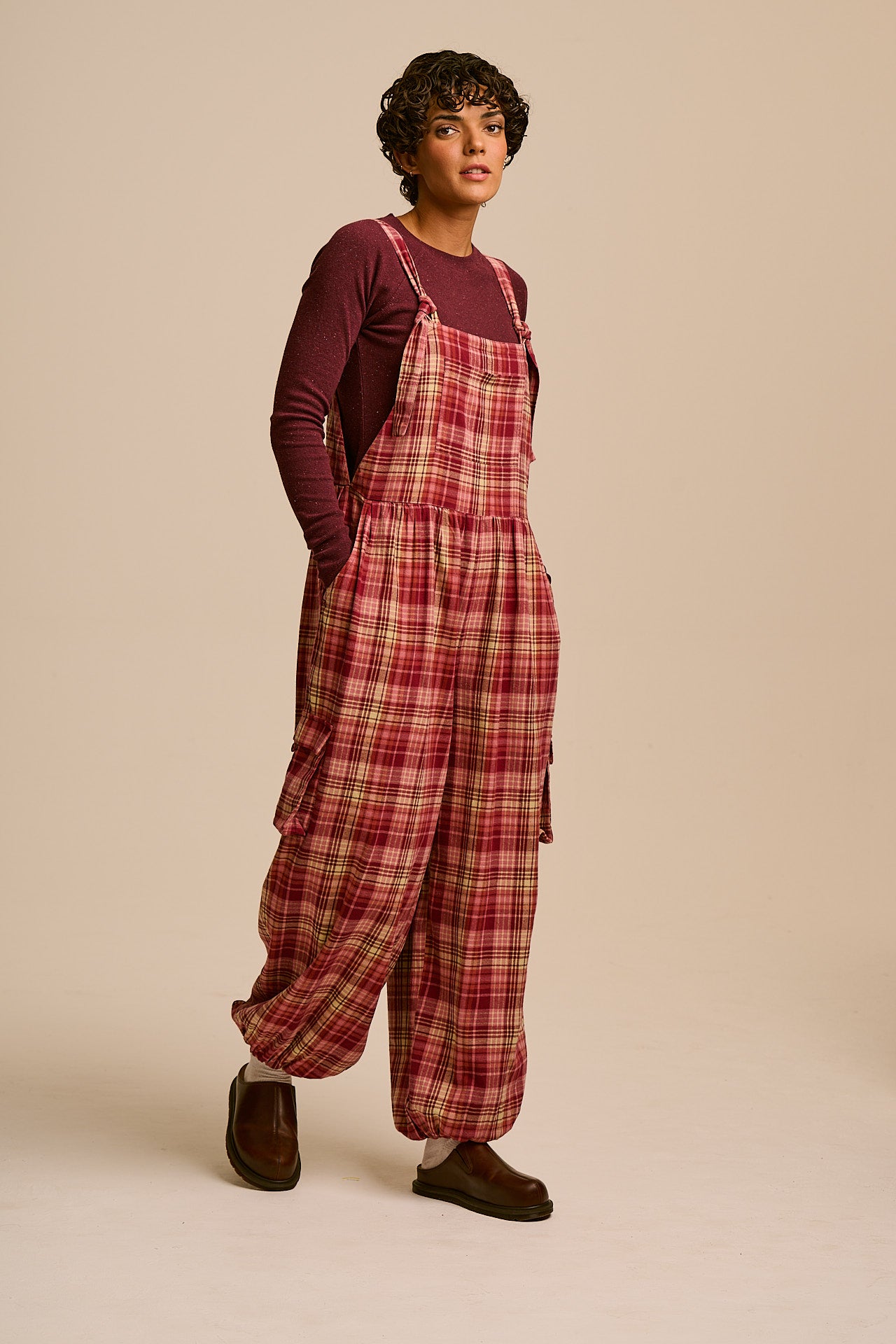 Miyada - Brushed Cotton Dungarees in Pink and Red Check