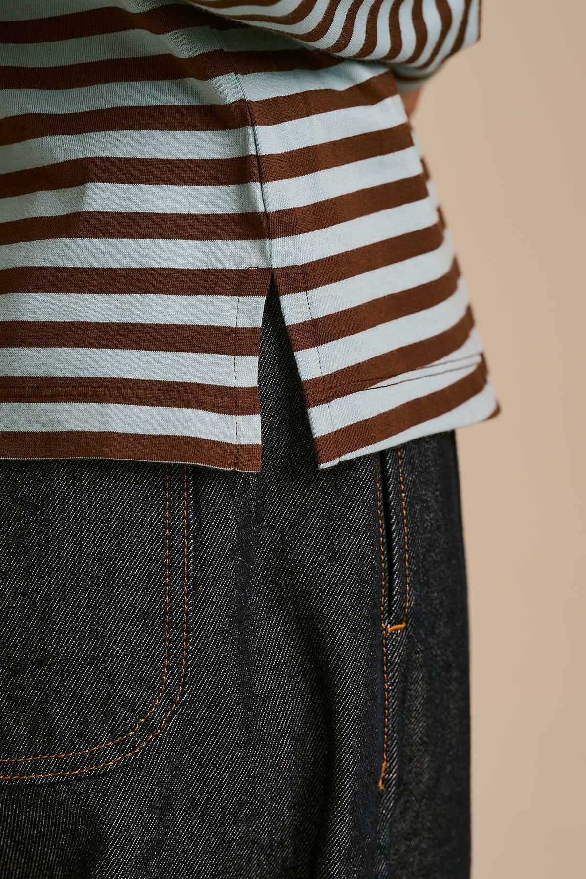 Mysen - Long Sleeve Cotton Top in Chocolate and Blue Stripe