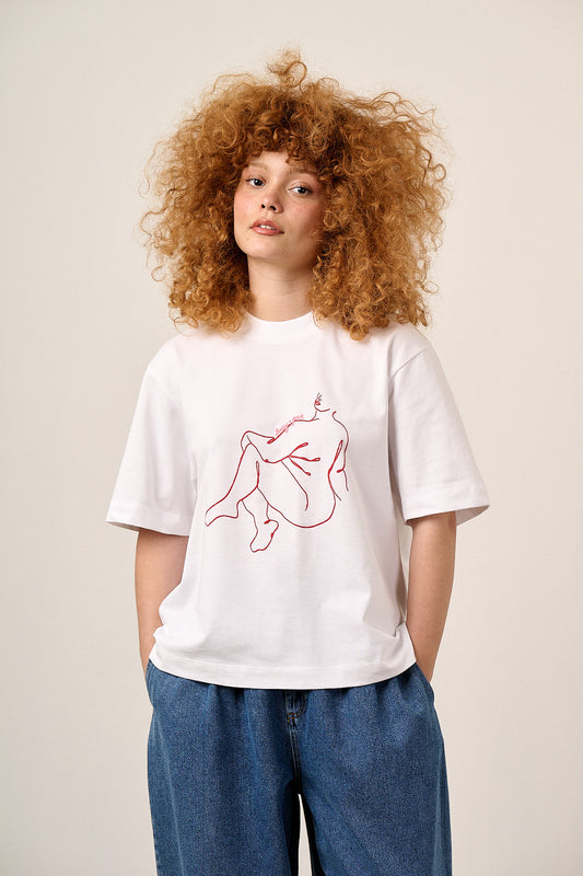 Noa - Cotton Boxy T-Shirt in White Bodies Print