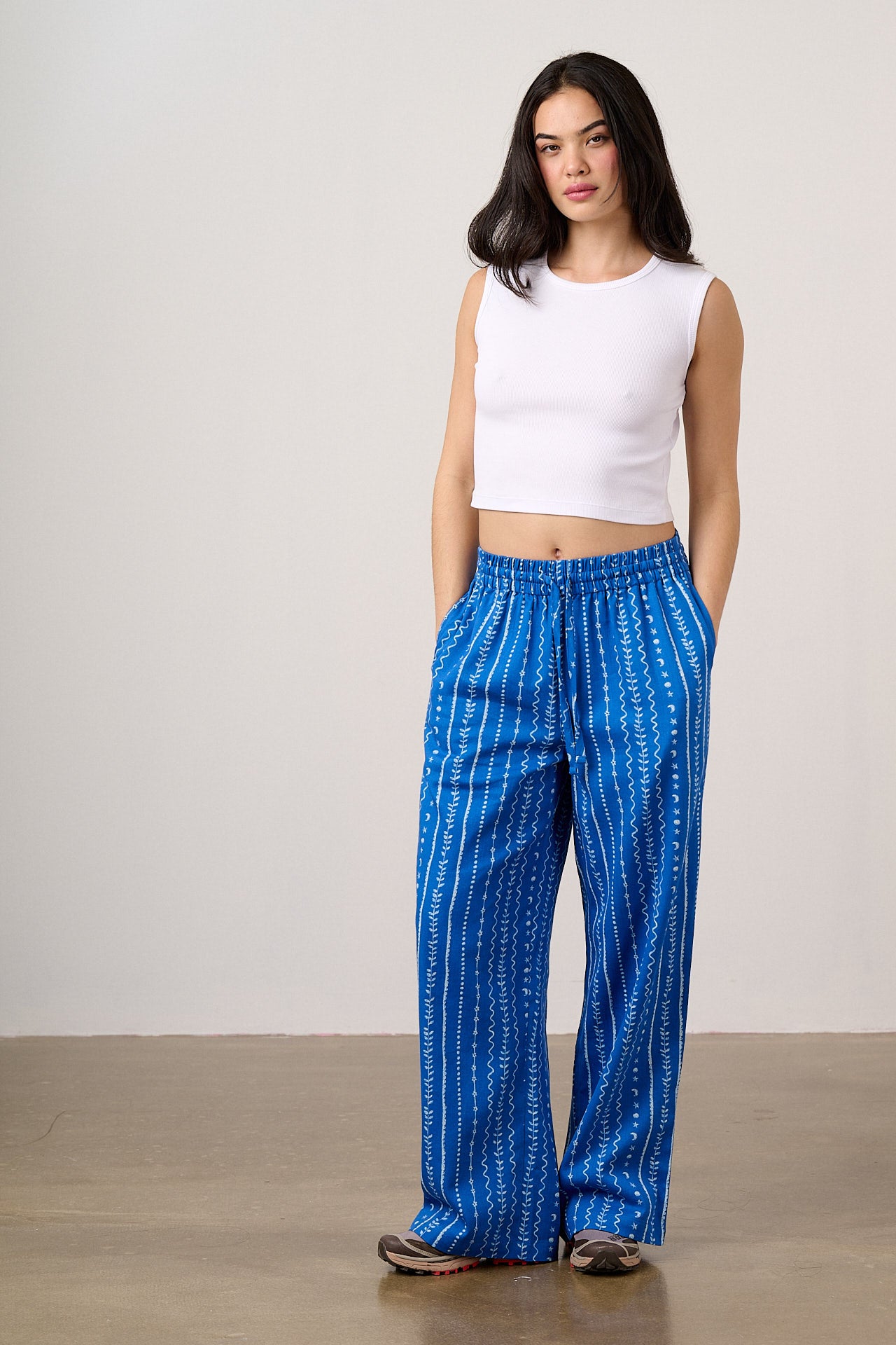 Norris - Wide Leg Cotton Trousers in Blue & White Folk Stripe