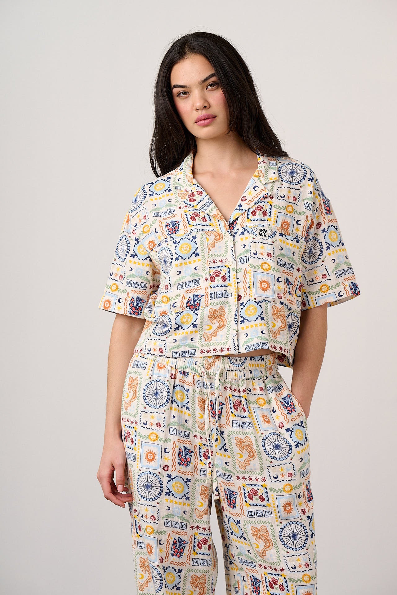 Alfie - Cotton Shirt in Ecru Cosmic Folk Tile