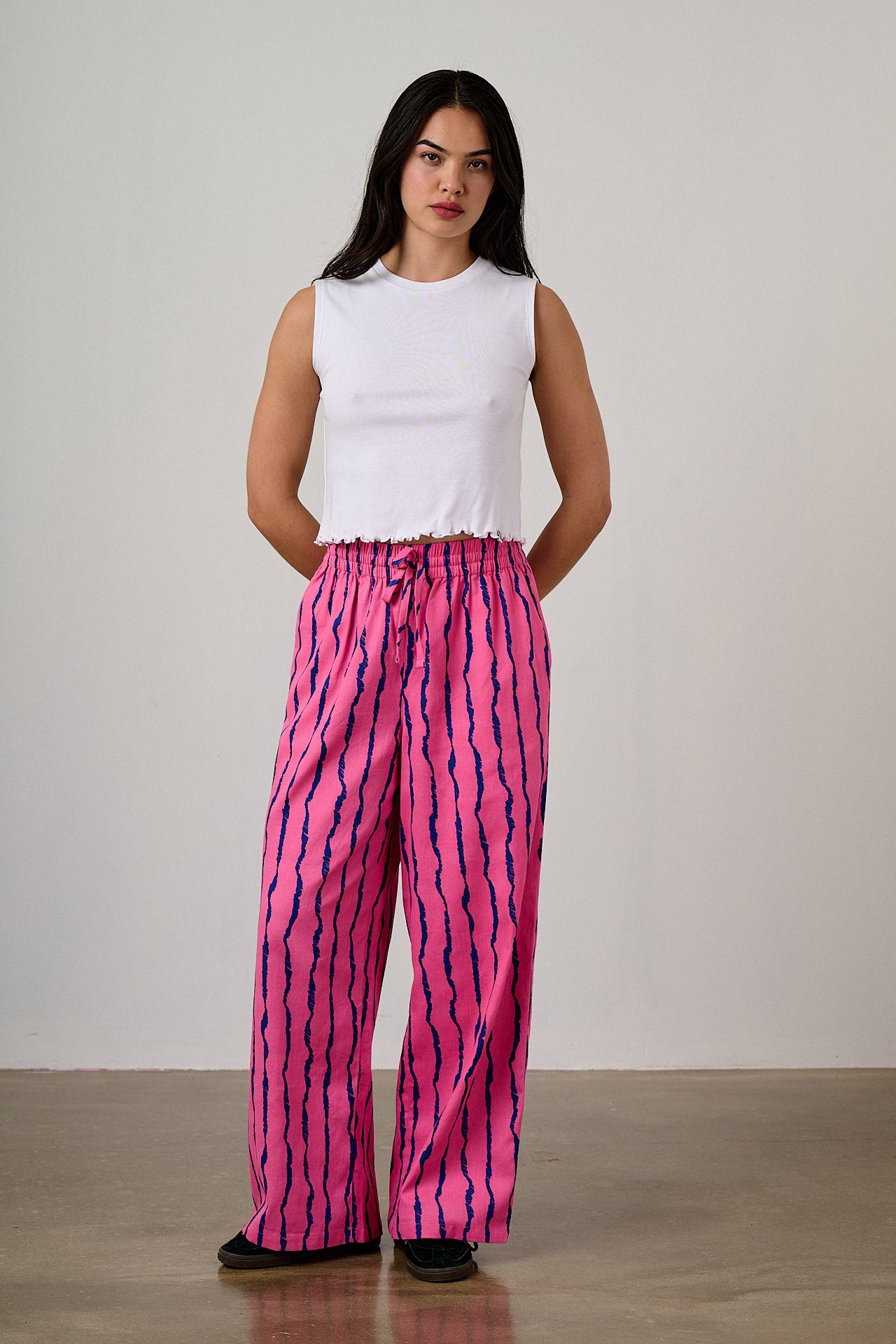 Norris - Wide Leg Cotton Trousers in Pink & Blue Wavy Stripe