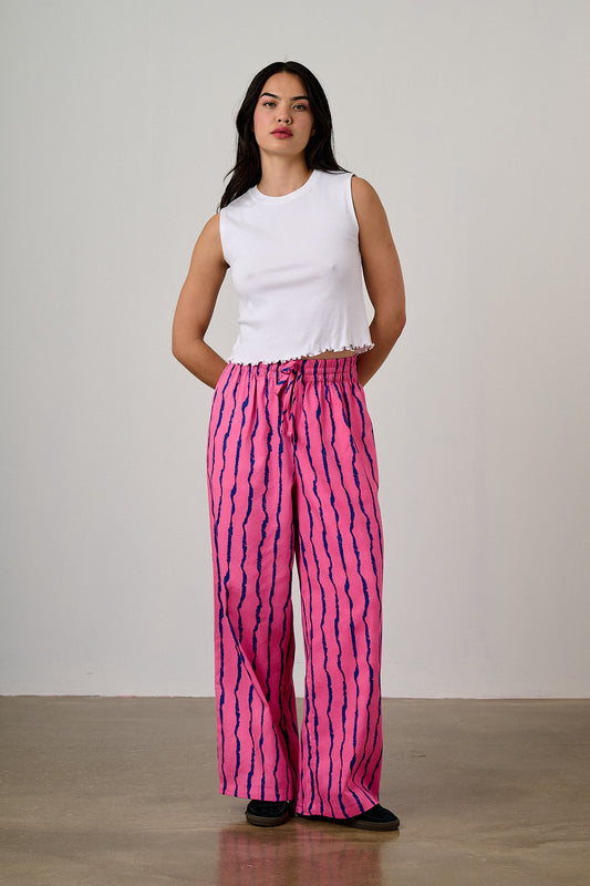 Norris - Wide Leg Cotton Trousers in Pink & Blue Wavy Stripe