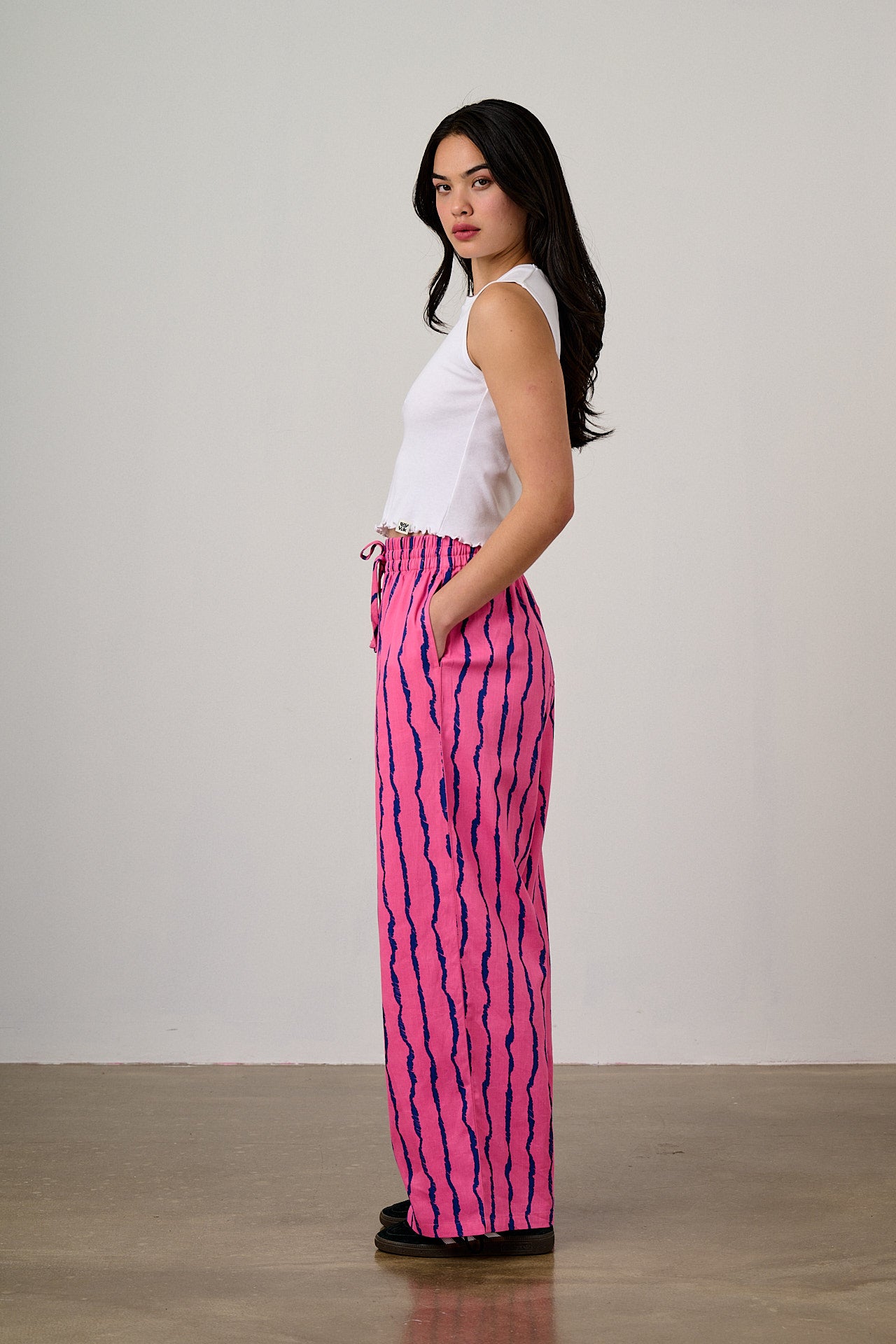 Norris - Wide Leg Cotton Trousers in Pink & Blue Wavy Stripe